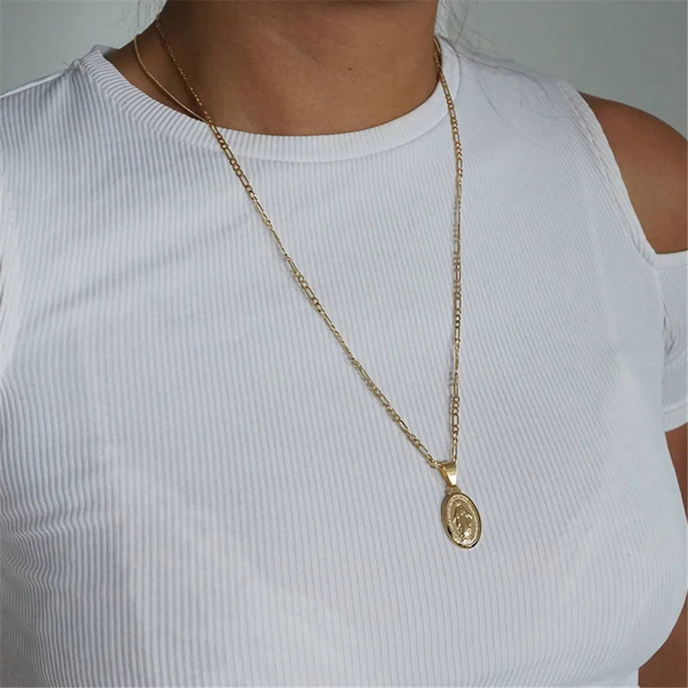 Gold Color Medallion Virgin Mary Coin Necklace For Women Men Long Layer Religion Pendants Necklaces Fashion Jewelry A061