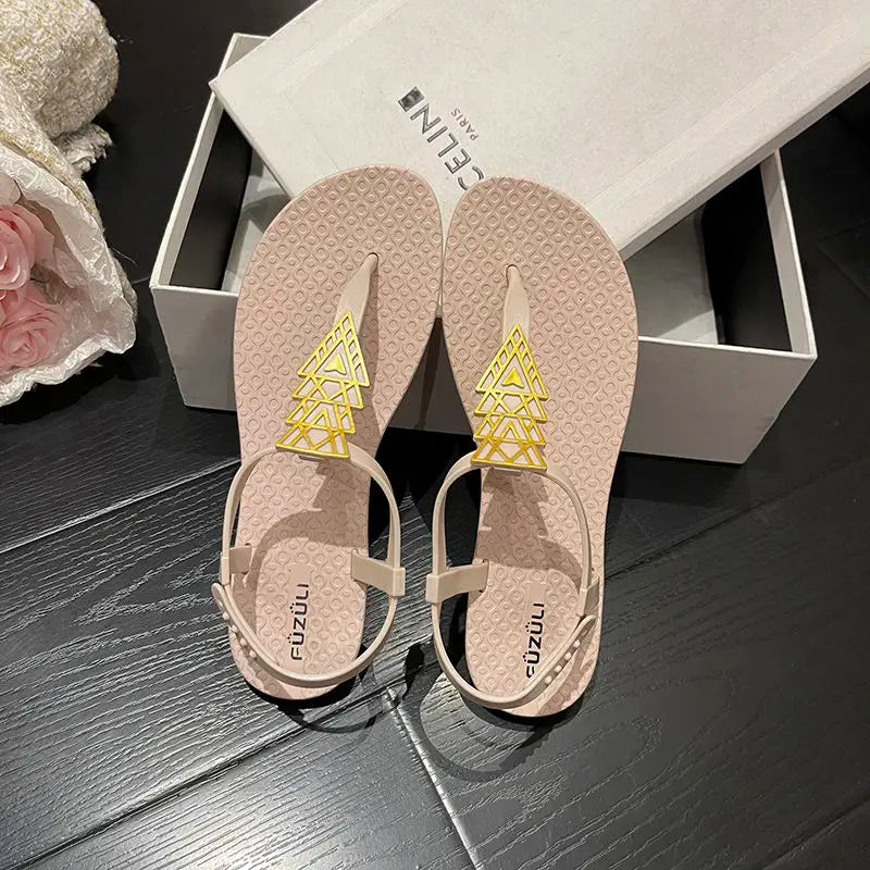 Roman Style Flat Rubber No Heel Pink Sandals for Women Beach Footwear Summer 2024 Open Toe Ladies Shoes Comfort Asian Size F H