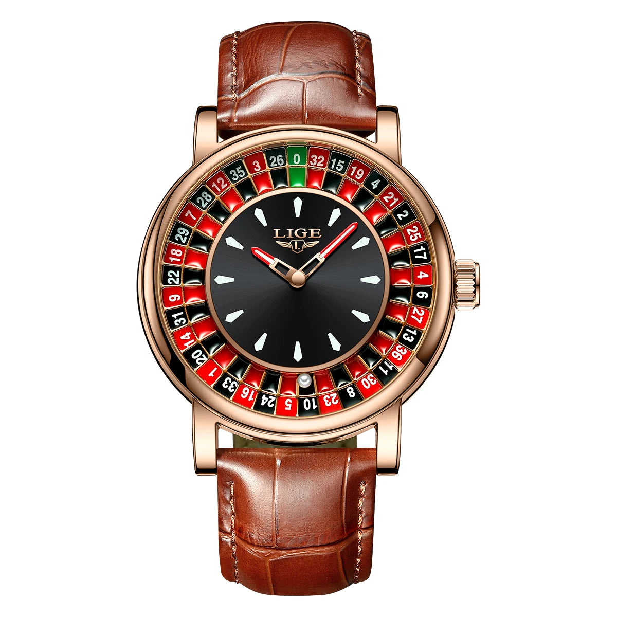 LIGE Fashion Leather Men Lucky Watch Rotating Dial Las Vegas Roulette Desktop Lucky Watch Men Waterproof Luminous Clock Watches