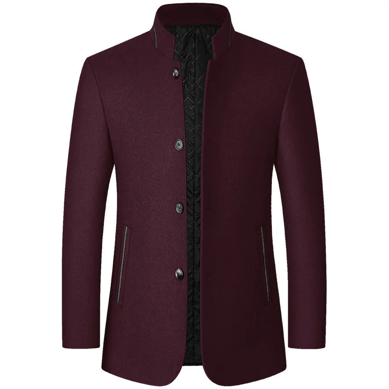 Mens Woolen Jacket Suit Stand-up Collar Middle-aged Autumn and Winter Woolen Men Jacket