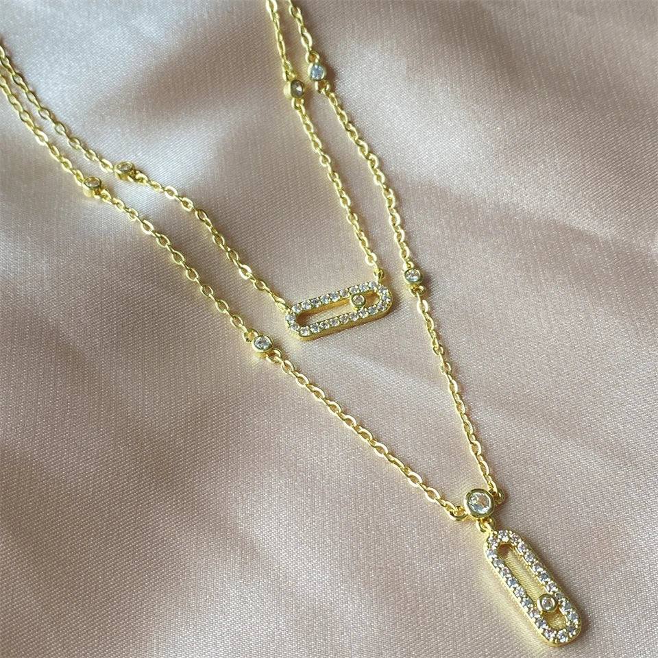 Paperclip Double-Layer Necklace Women With Full Diamonds Rectangular 18K Gold Pendant Long Tassel Clavicle Chain Daily Jewelry