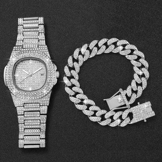 1/2/3PCS Luxury Full Diamond Men's Watches Fashion Hip Pop Quartz Wristwatch with Calendar Jewelry Set