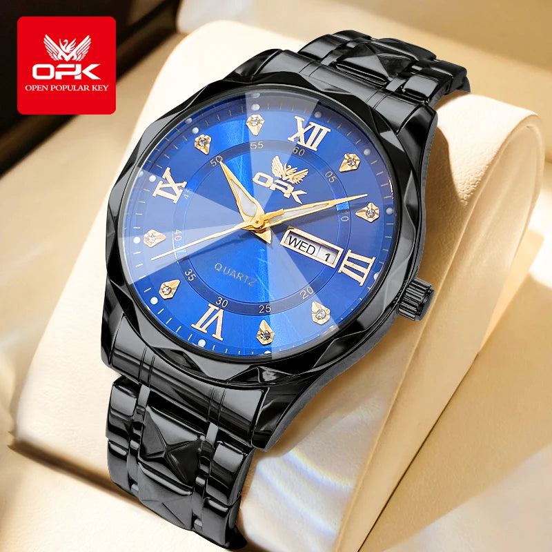 OPK Brand men's steel strap quartz watch dual calendar waterproof night light 6023