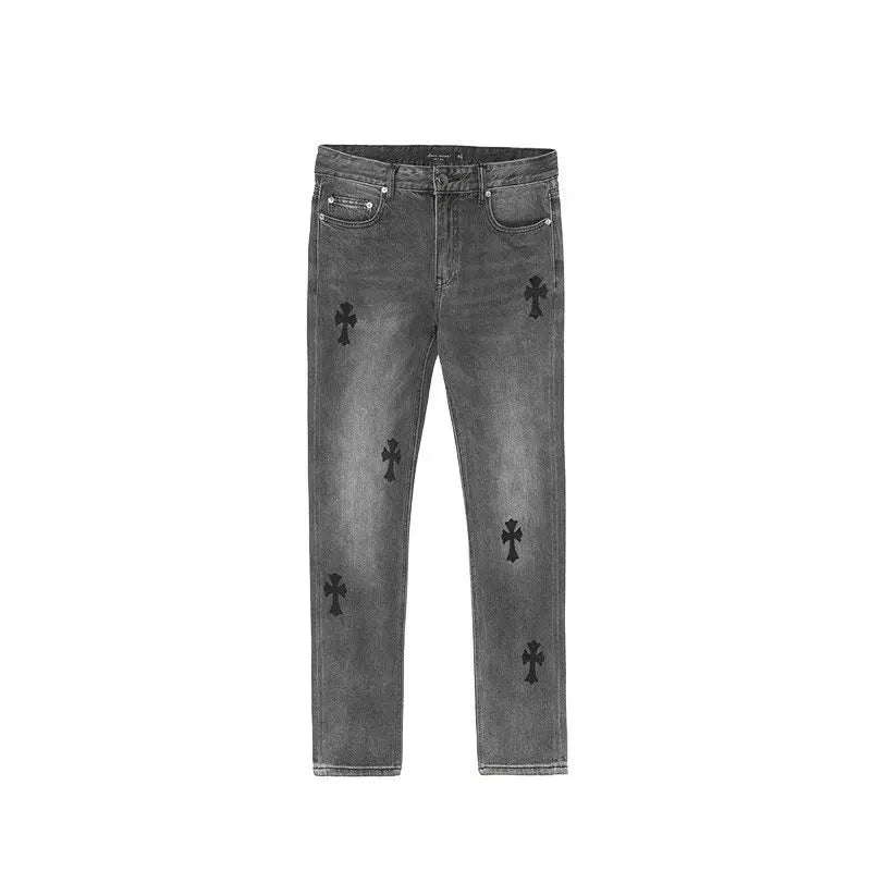 European and American high street cross horn jeans men's hip-hop casual retro trend brand straight tube loose long pants trend