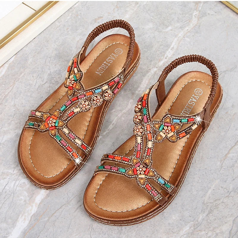 2024 Fashion Summer Bohemian Versatile Fashion Wooden Beads Water Diamond Slope Heels Large Sandals For Women Sandalias Planas