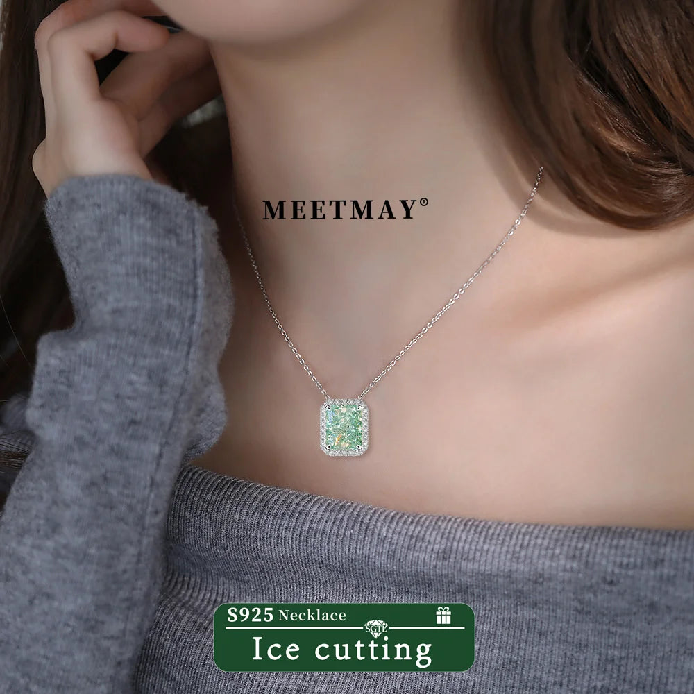 S925 sterling silver plated platinum rectangular mint green sparkle ice cut zircon pendant necklace for women fine jewelry gifts