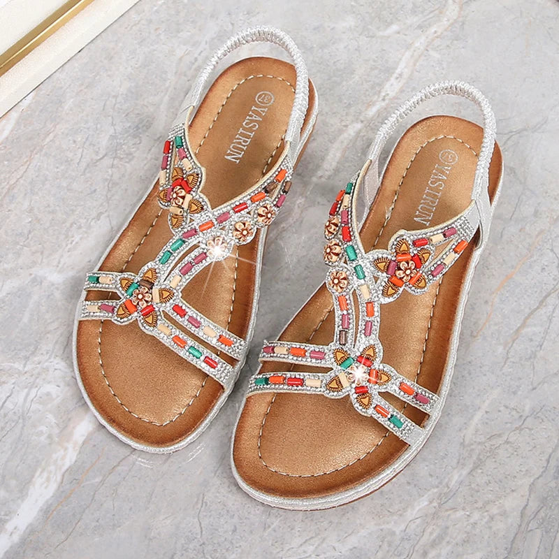 2024 Fashion Summer Bohemian Versatile Fashion Wooden Beads Water Diamond Slope Heels Large Sandals For Women Sandalias Planas