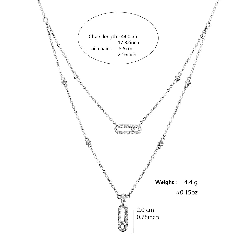 Paperclip Double-Layer Necklace Women With Full Diamonds Rectangular 18K Gold Pendant Long Tassel Clavicle Chain Daily Jewelry
