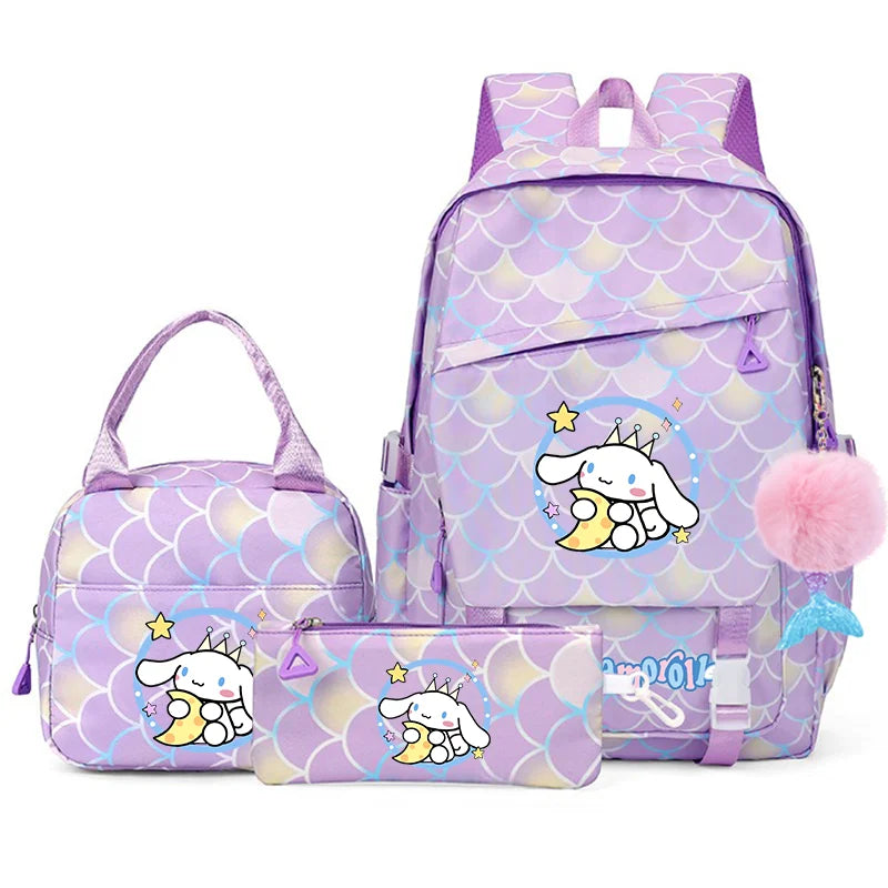 3Pcs Cinnamoroll Fish Scale Kid Backpack With Mermaid Pendant Lunch Girl School Bag Children Schoolbag For Teenage Girls