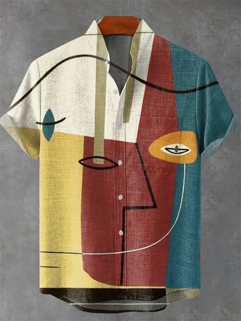 Men's Linen Batik Shirt Retro Short Sleeved Top Fashionable Summer Casual Ethnic Clothing Shirt Plus Size Streetwear