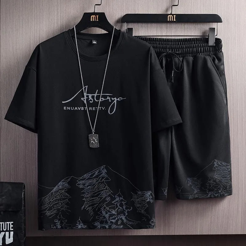 Summer New Fashion Trend Printed Short Sleeve Shorts Set Men's Casual Loose Sports Breathable High Quality Two-Piece Set M-5XL