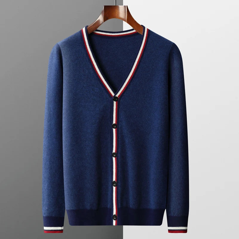 Autumn And Winter New Men's Cashmere Sweater V-Neck Color Contrast Long-Sleeved Cardigan Loose Large Coat 100 Pure Wool Knitting
