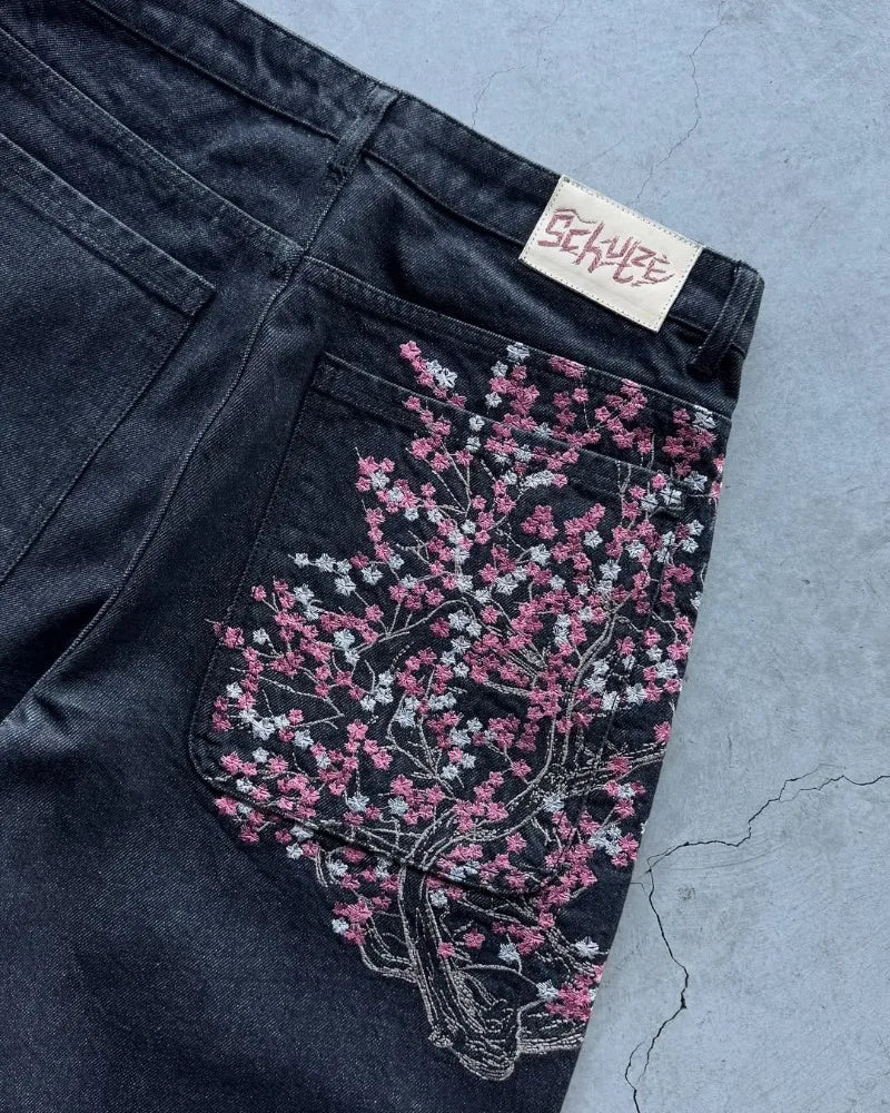 Y2K jeans Harajuku Gothic vintage plum blossom embroidery pattern wide leg pants Streetwear Casual Hiphop vintage American jeans
