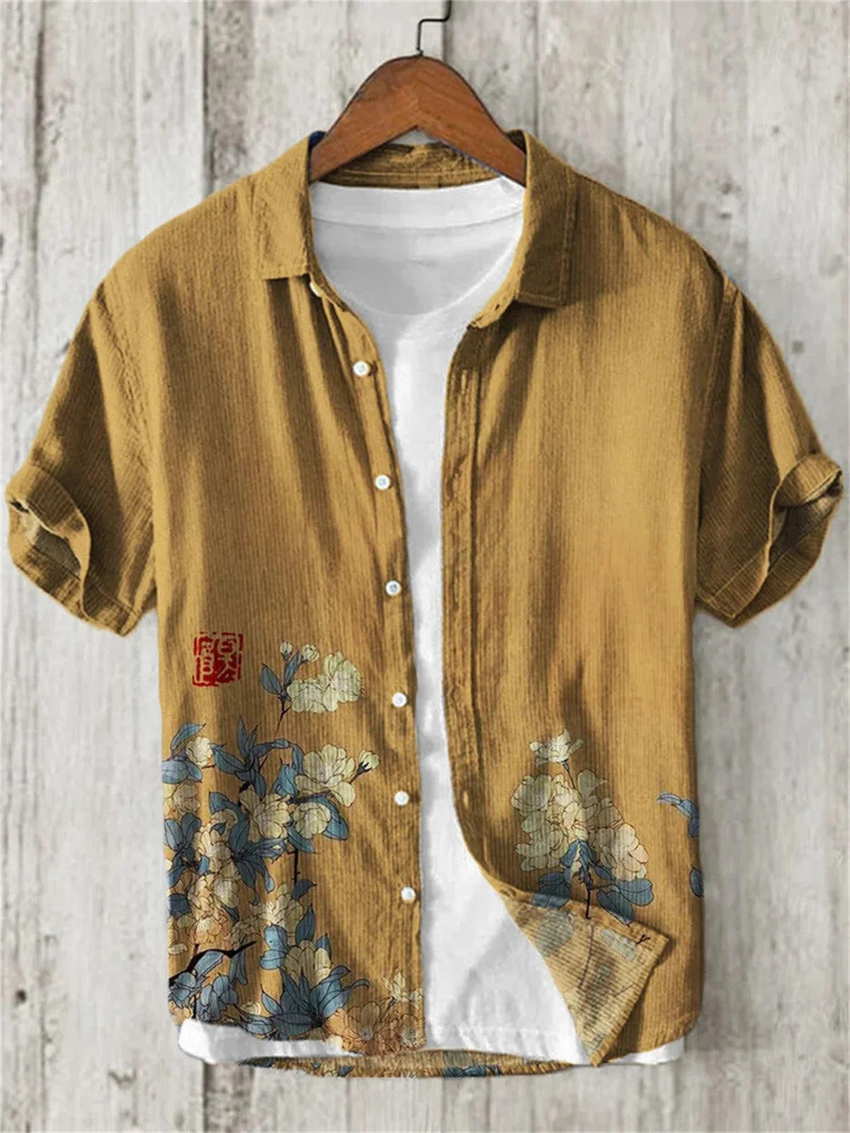 Hawaiian Shirt with Bamboo Joint, Plum Blossom, Sunrise Print, Japanese Art Linen, Leisure Holiday, Cardigan, Flip Collar, New