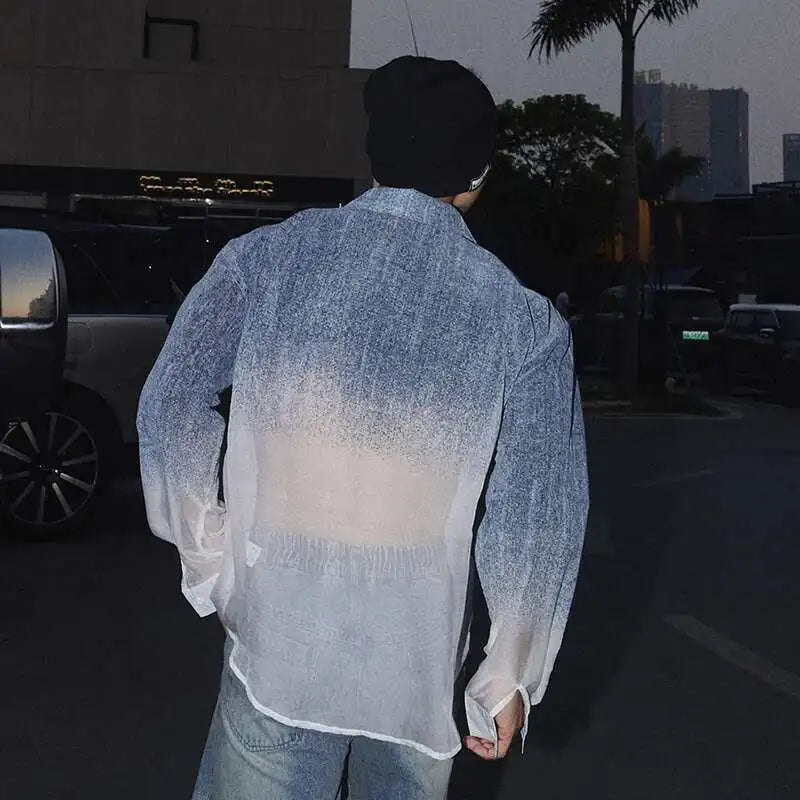 FEWQ Niche Design Men's Shirts Lapel Denim Single Breasted Long Sleeved Casual Gradient Color Loose Male Pocket Top Chic 24K3470