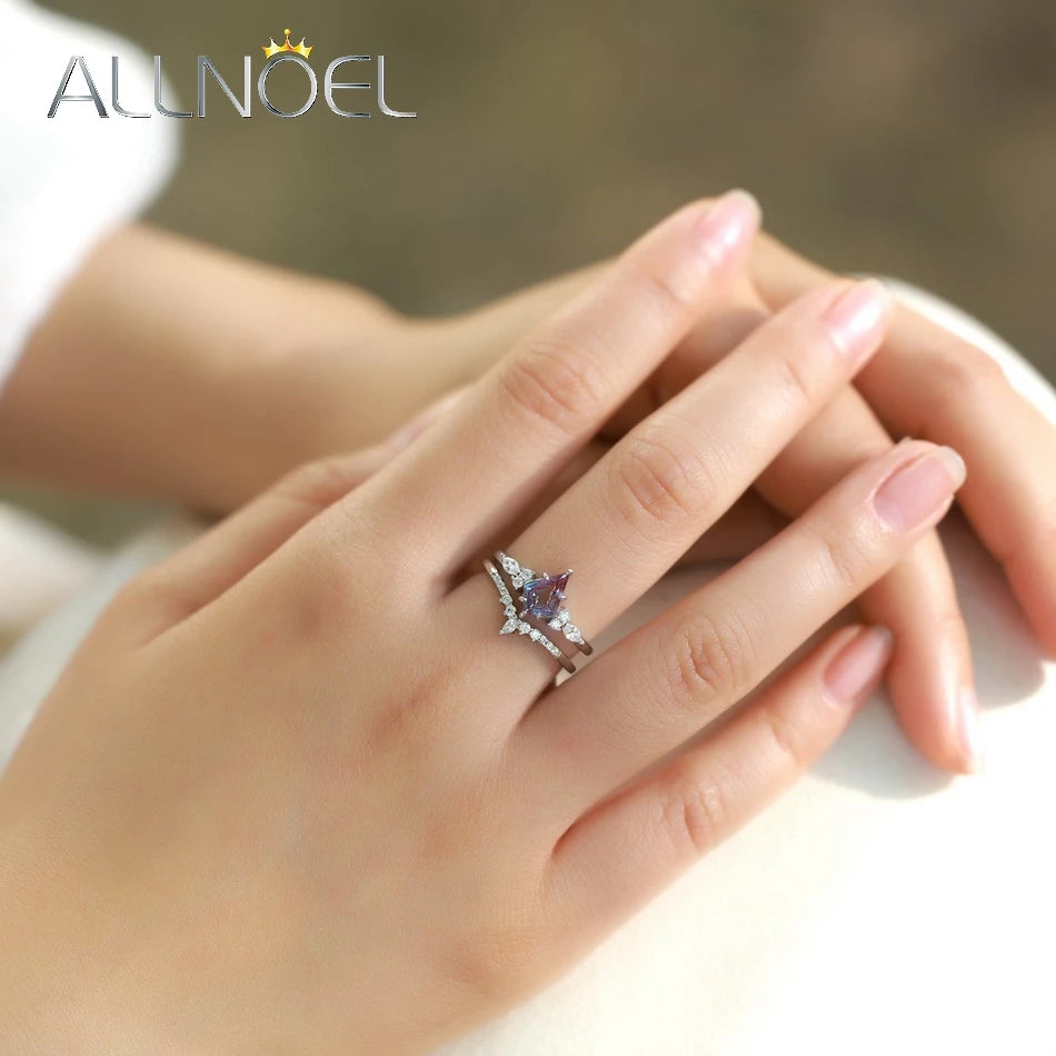 ALLNOEL Kite Cut 0.91ct Alexandrite 925 Silver Ring For Women Wedding Bridal Set Jewelry June Birthstone Birthday Gift Wholesale