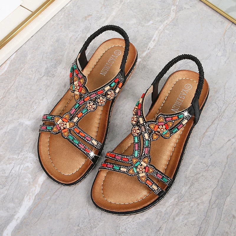 2024 Fashion Summer Bohemian Versatile Fashion Wooden Beads Water Diamond Slope Heels Large Sandals For Women Sandalias Planas