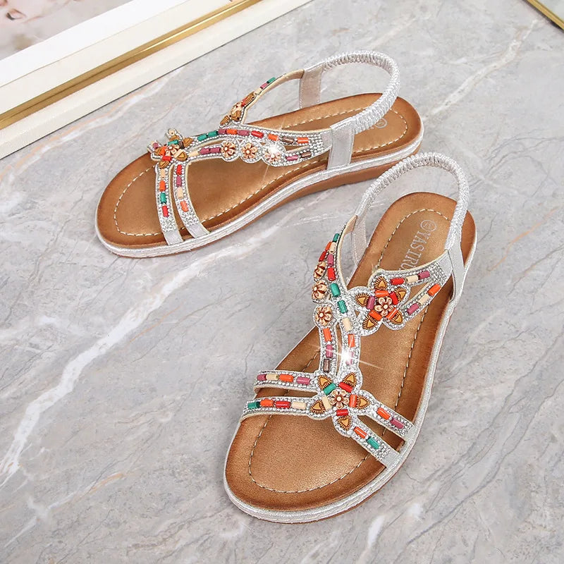 2024 Fashion Summer Bohemian Versatile Fashion Wooden Beads Water Diamond Slope Heels Large Sandals For Women Sandalias Planas