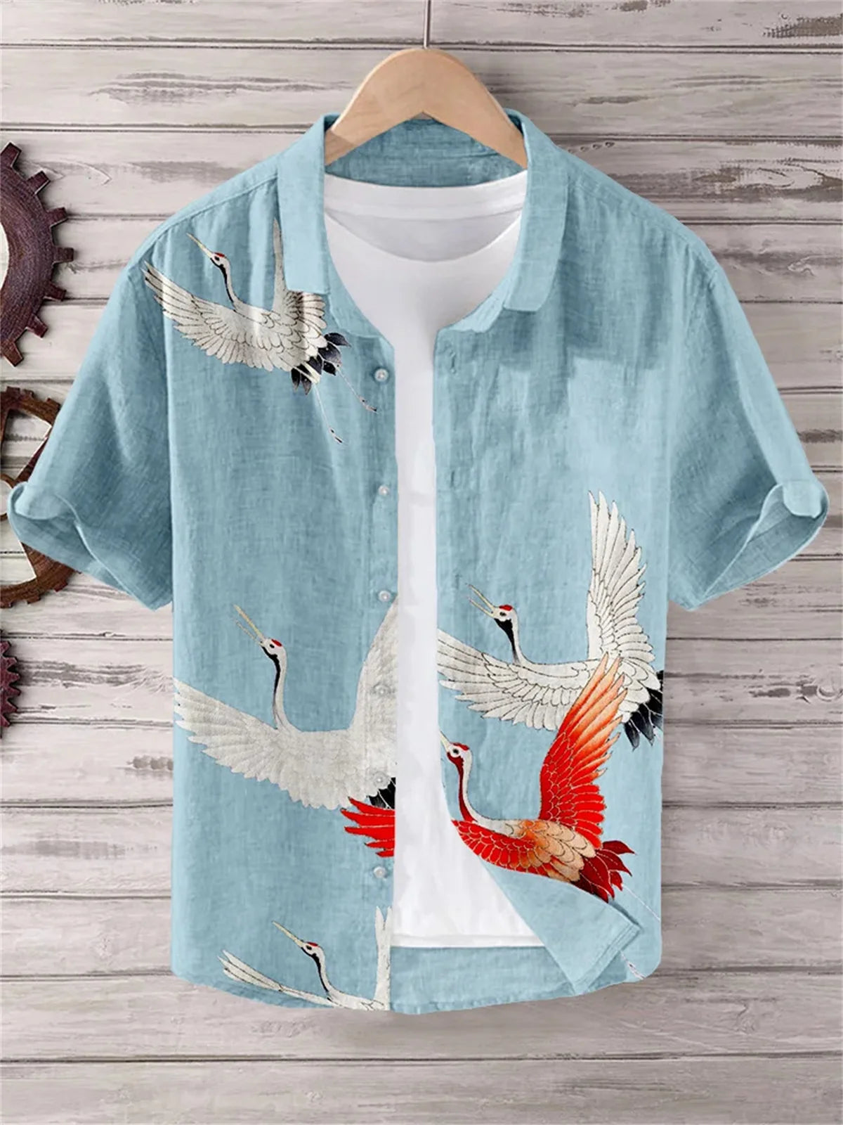 Hawaiian Shirt with Bamboo Joint, Plum Blossom, Sunrise Print, Japanese Art Linen, Leisure Holiday, Cardigan, Flip Collar, New