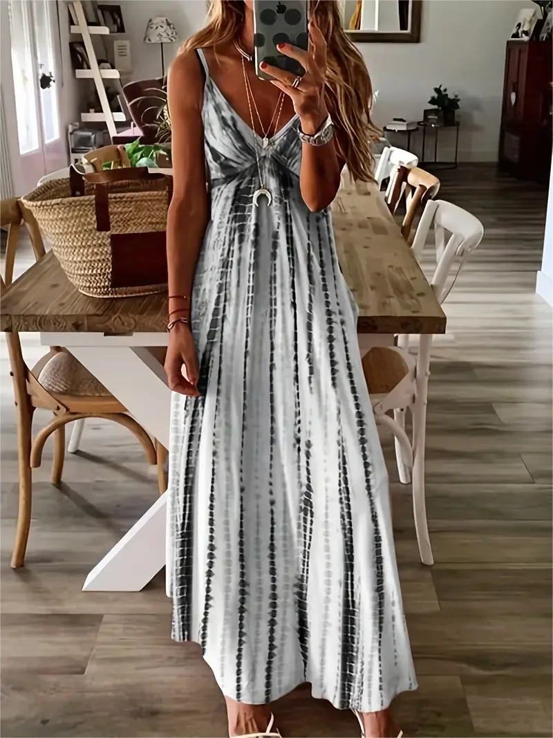 Sexy Graphic Print Maxi Dress with High Waist and V-Neck for Women
