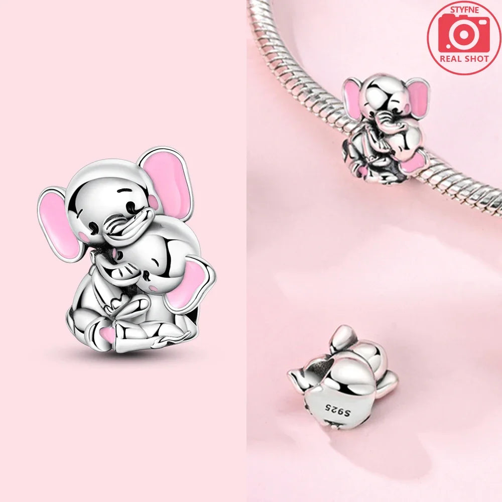 Mother Baby Charms Pink Elephant Beads Fit Original 925 Silver Original Bracelet Jewelry Making Up Mother's Day Gift