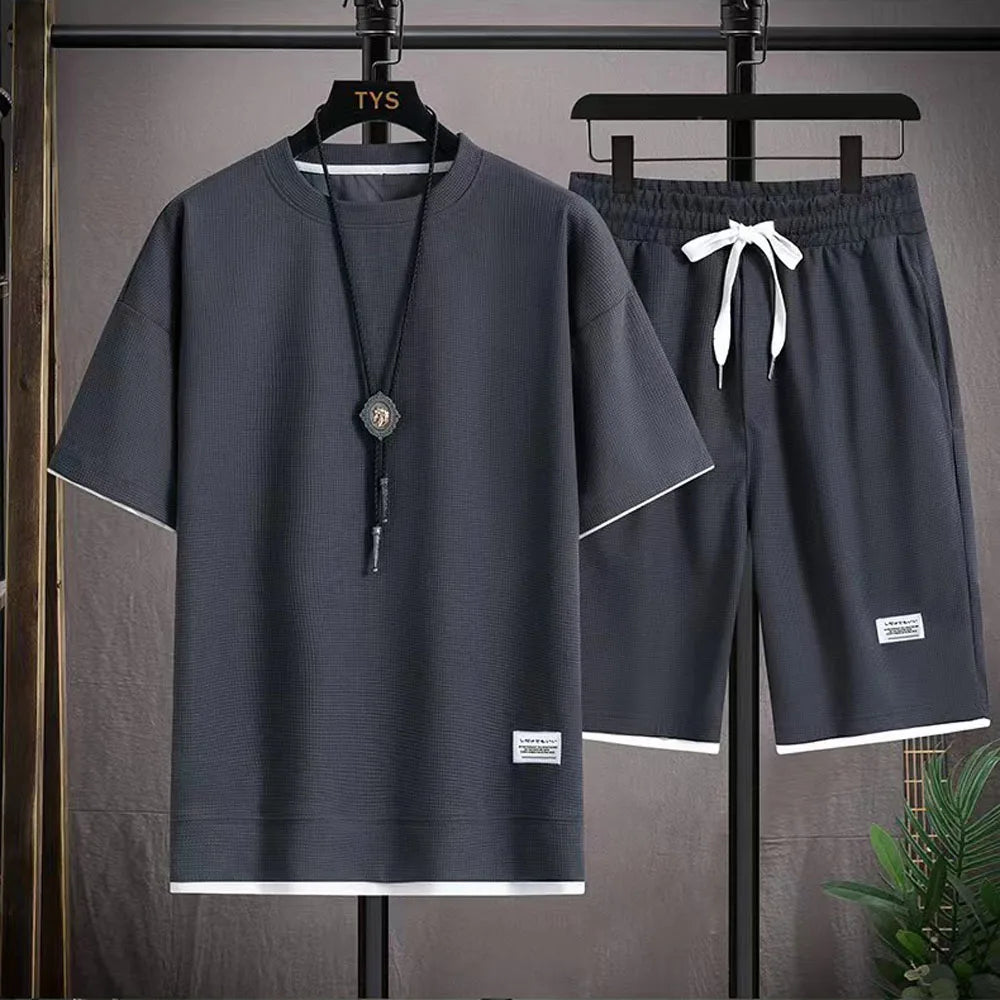 Men's Two Piece Set Linen Fabric Casual T-Shirt And Shorts Set Mens Sports Suit Summer Fashion Short Sleeve Tracksuit Men Suits