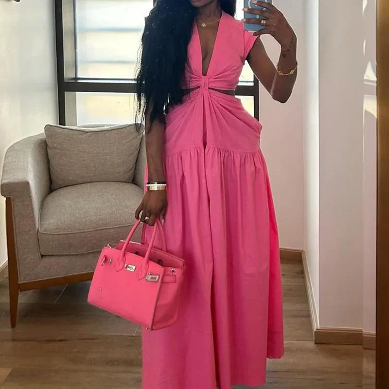 Simple Solid Color Hollow Waist Pleated Dress Elegant Lady Deep V-neck Loose Long Dress Summer Sleeveless Commuting A-line Dress