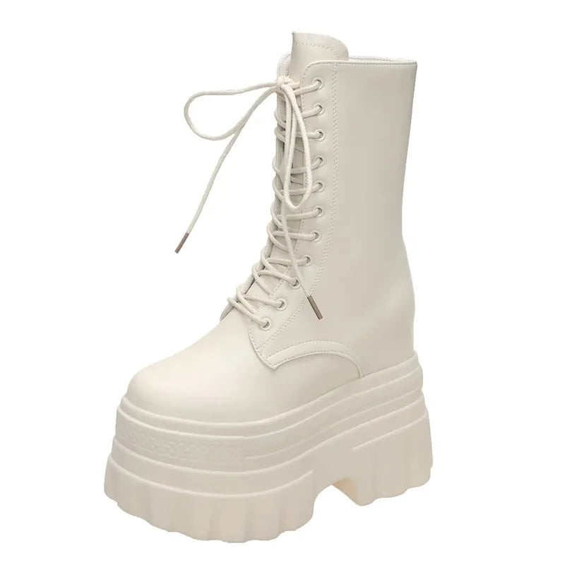 14CM Soft Leather Ankle Mid Calf Boots Winter Autumn High Platform Wedge British Booties Woman Ladies Chunky Motorcycle Boots
