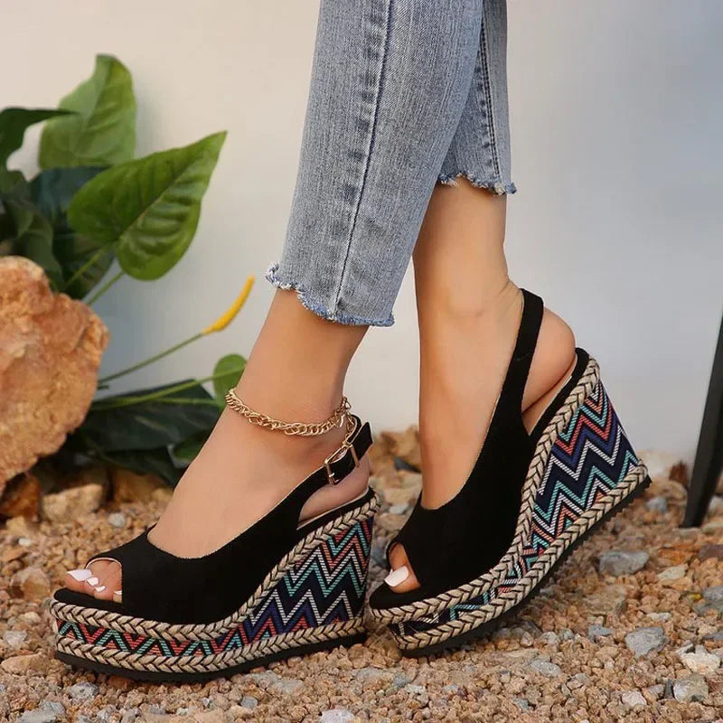 Summer New European and American Fashion Simple Ethnic Style Slope Heel Sandals with One Button High Heel Women's Shoes 2025