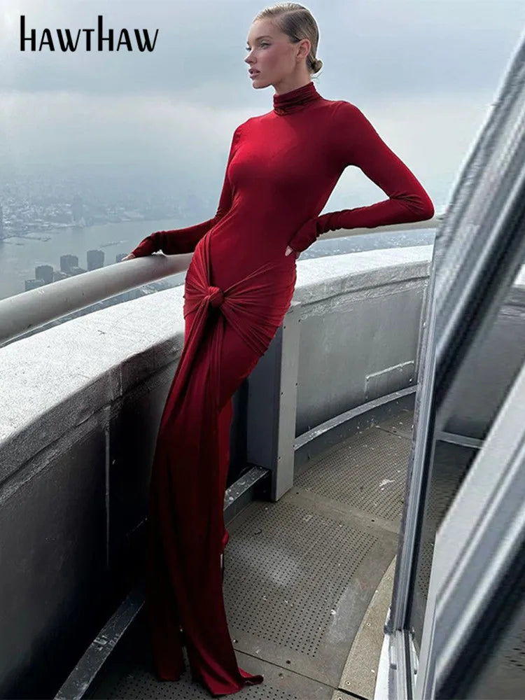 Hawthaw Women 2024 Spring Autumn Fashion Long Sleeve Party Club Streetwear Bodycon Red Long Dress Wholesale Items For Business