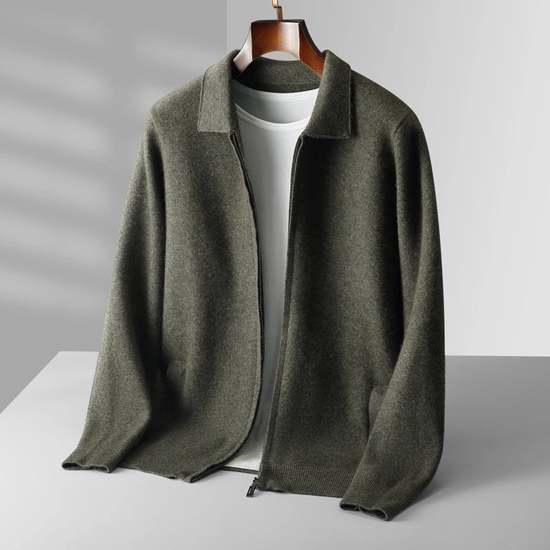 6-color autumn and winter new 2025 men's 100% wool cardigan sweater casual knitted lapel men's business sweater Solid color