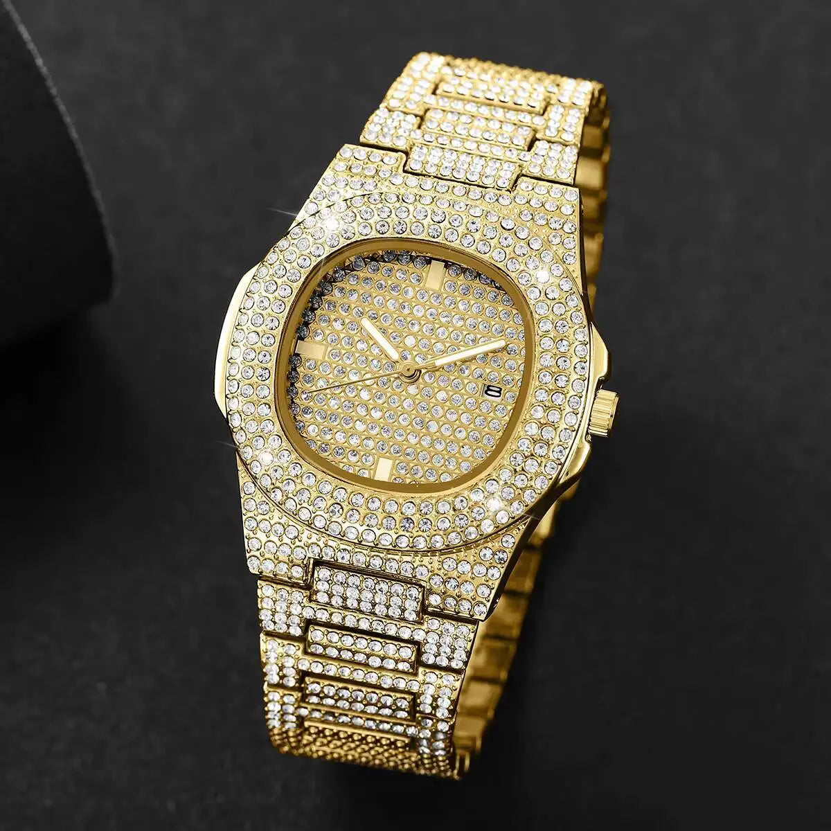 1/2/3PCS Luxury Full Diamond Men's Watches Fashion Hip Pop Quartz Wristwatch with Calendar Jewelry Set