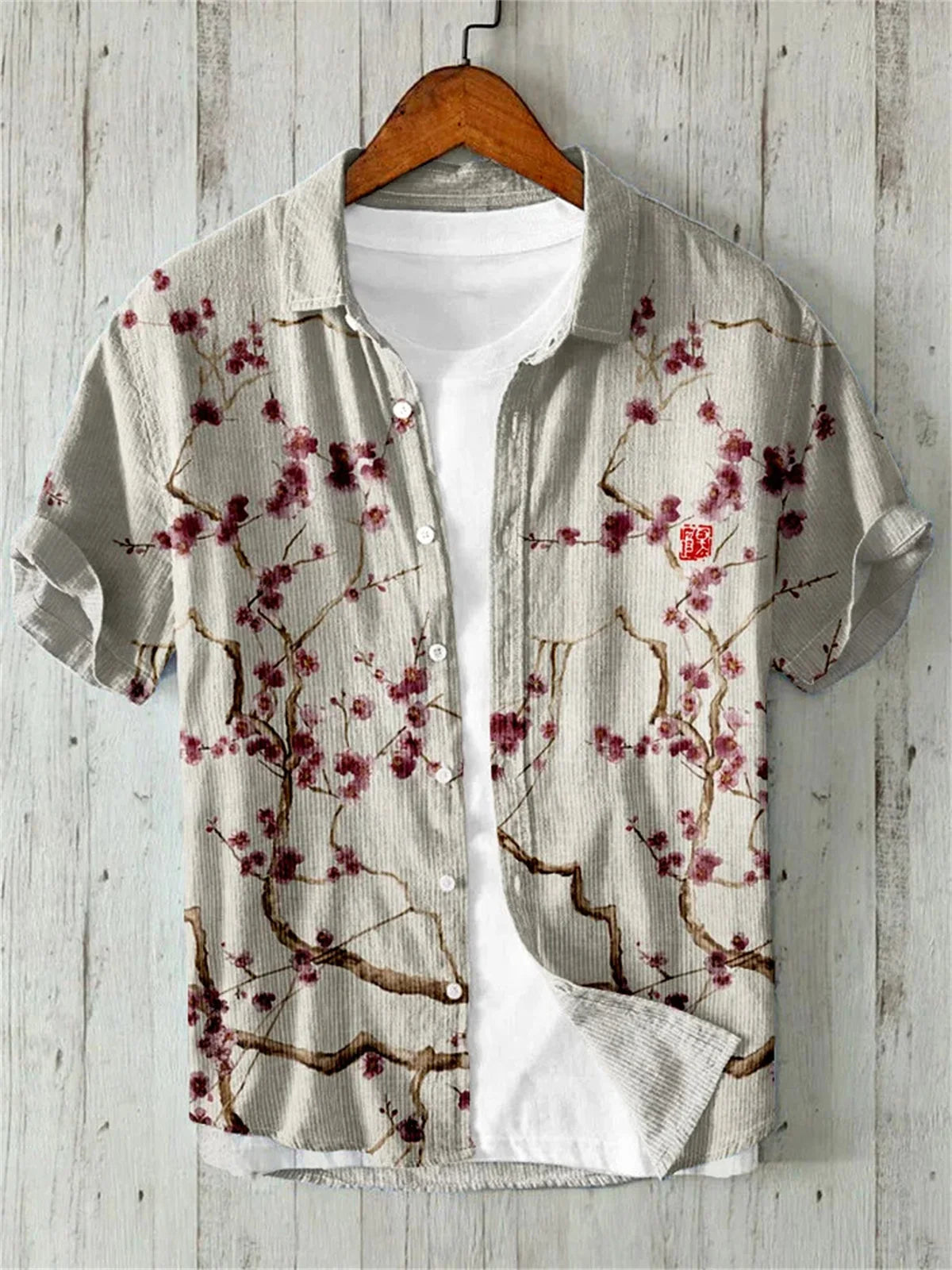 Hawaiian Shirt with Bamboo Joint, Plum Blossom, Sunrise Print, Japanese Art Linen, Leisure Holiday, Cardigan, Flip Collar, New