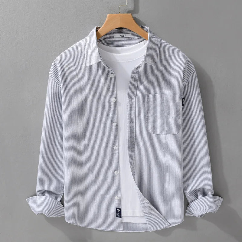 Simple Striped 100% Cotton Shirts for Men Clothing Casual Big Pocket Long Sleeve Men Shirts FY9920