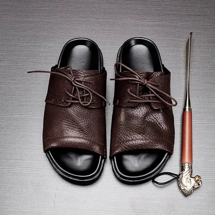 Summer Fashion Mens Lace Up Open Toe Cowhide Genuine Leather Slippers Casual Outside Beach Shoes Rome Flats Soft Platform Slides