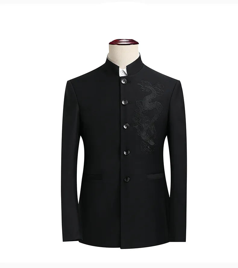 Elegant Black Chinese Dragon Embroidery Pattern Blazer for Men, Slim Fit Single-Breasted Gray Suit Jacket, Asian SizeM-6XL