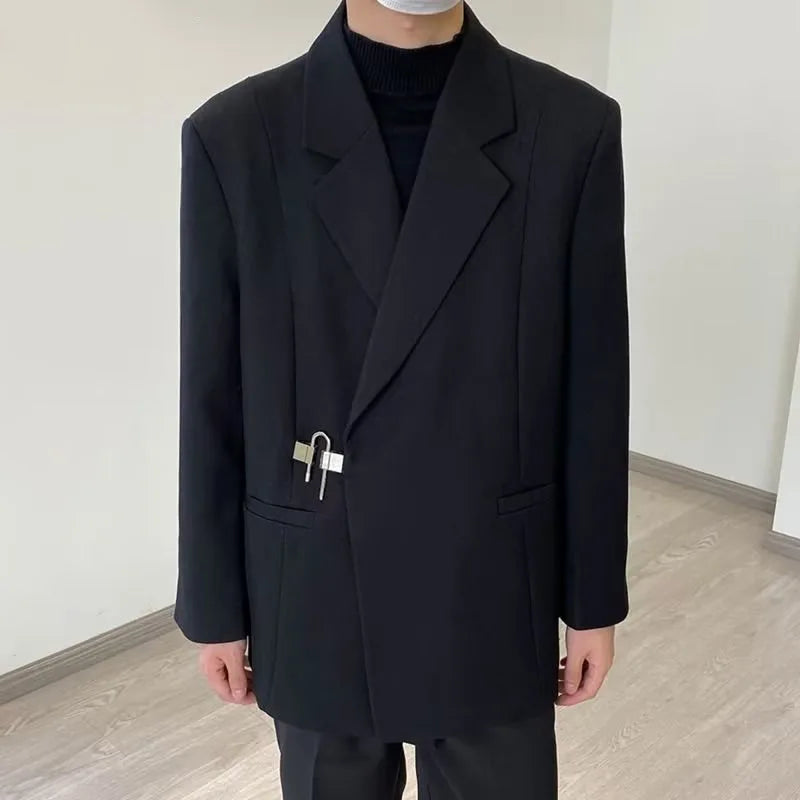 2025 Men's Korean Style Spring Casual Suit Jacekt Metal Buckle Male Loose Male Solid Color Blazers Harajuku Long Sleeve Coats