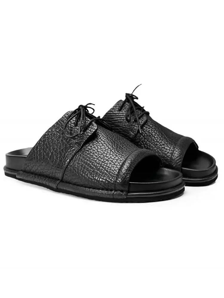 Summer Fashion Mens Lace Up Open Toe Cowhide Genuine Leather Slippers Casual Outside Beach Shoes Rome Flats Soft Platform Slides