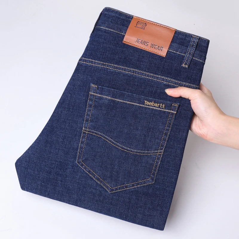 Men's new business casual jeans, comfortable, slightly elastic, mid high waist, classic blue jeans