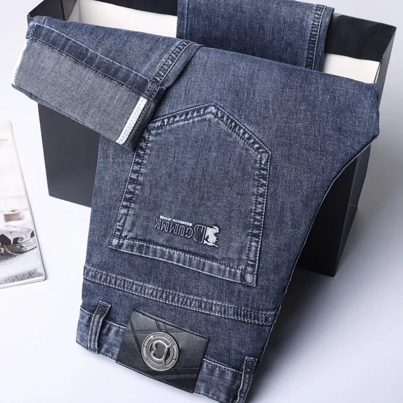 2024 Summer Thin Elastic Fit Men's Jeans Loose Straight Leg Denim Pants