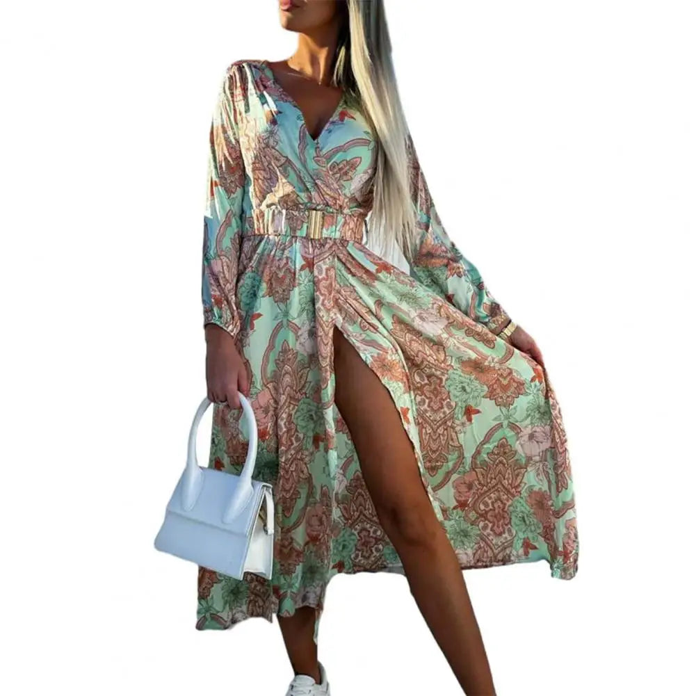 Stylish Women Casual Dress Breathable Women Beach Dress Slim Waist Ethnic Bohemia Print Long Dress Womenswear