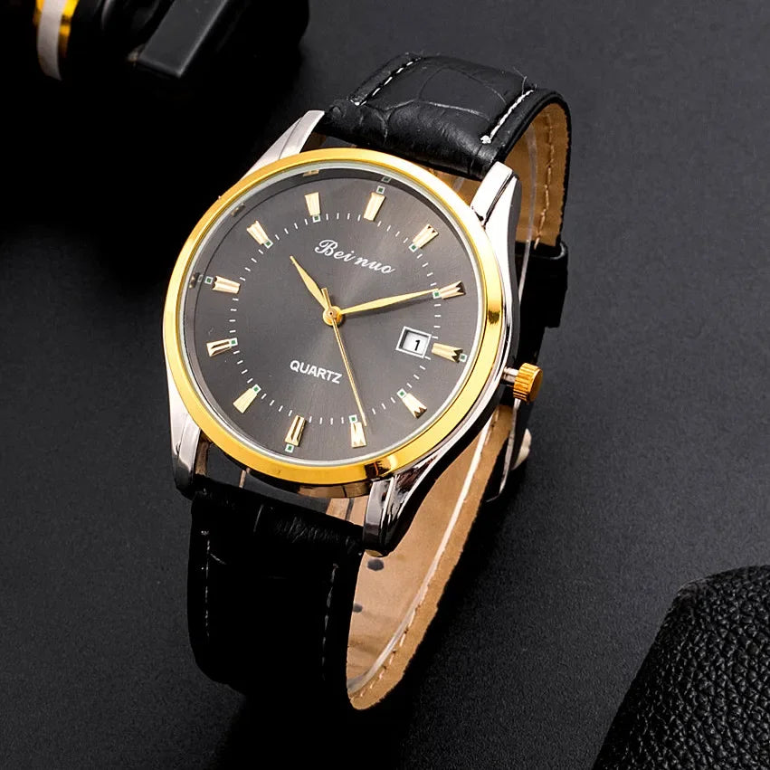 Classic Men‘s Quartz Watch with Calendar Fashion Metal Dial Leather Strap Man Watch Casual Business Male Clock montre homme