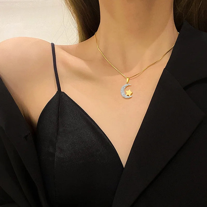DIEYURO 316L Stainless Steel Moon Stars Pendant Necklace For Women Girl Fashion Clavicle Chain Choker Jewelry Gift Wedding