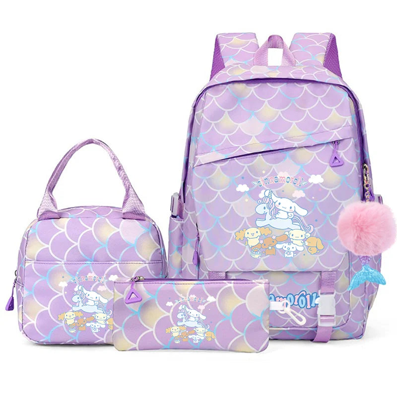 3Pcs Cinnamoroll Fish Scale Kid Backpack With Mermaid Pendant Lunch Girl School Bag Children Schoolbag For Teenage Girls