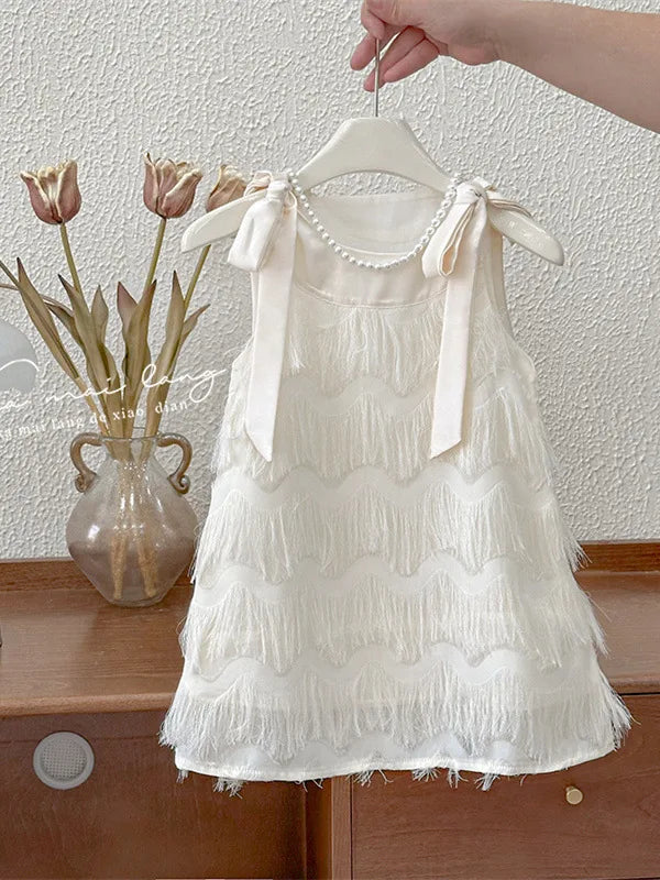 Girls Casual Dresses Fringe Bow Princess Dress Sleeveless Halter Dress for Kids White Princess Dress for Girls 2 To 7 Years