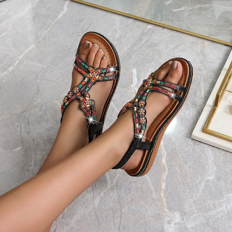 2024 Fashion Summer Bohemian Versatile Fashion Wooden Beads Water Diamond Slope Heels Large Sandals For Women Sandalias Planas