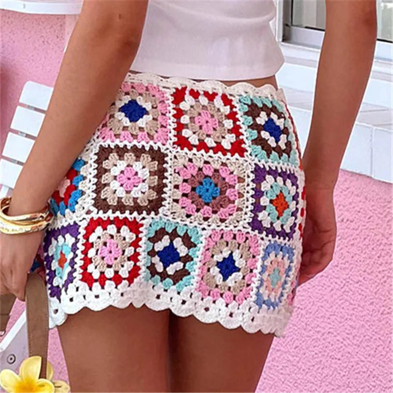 Women Floral Crochet Cover Up Mini Skirt Hollow Out Knit Bikini Swimsuit Coverups Skirt Summer Vacation Beach Skirts