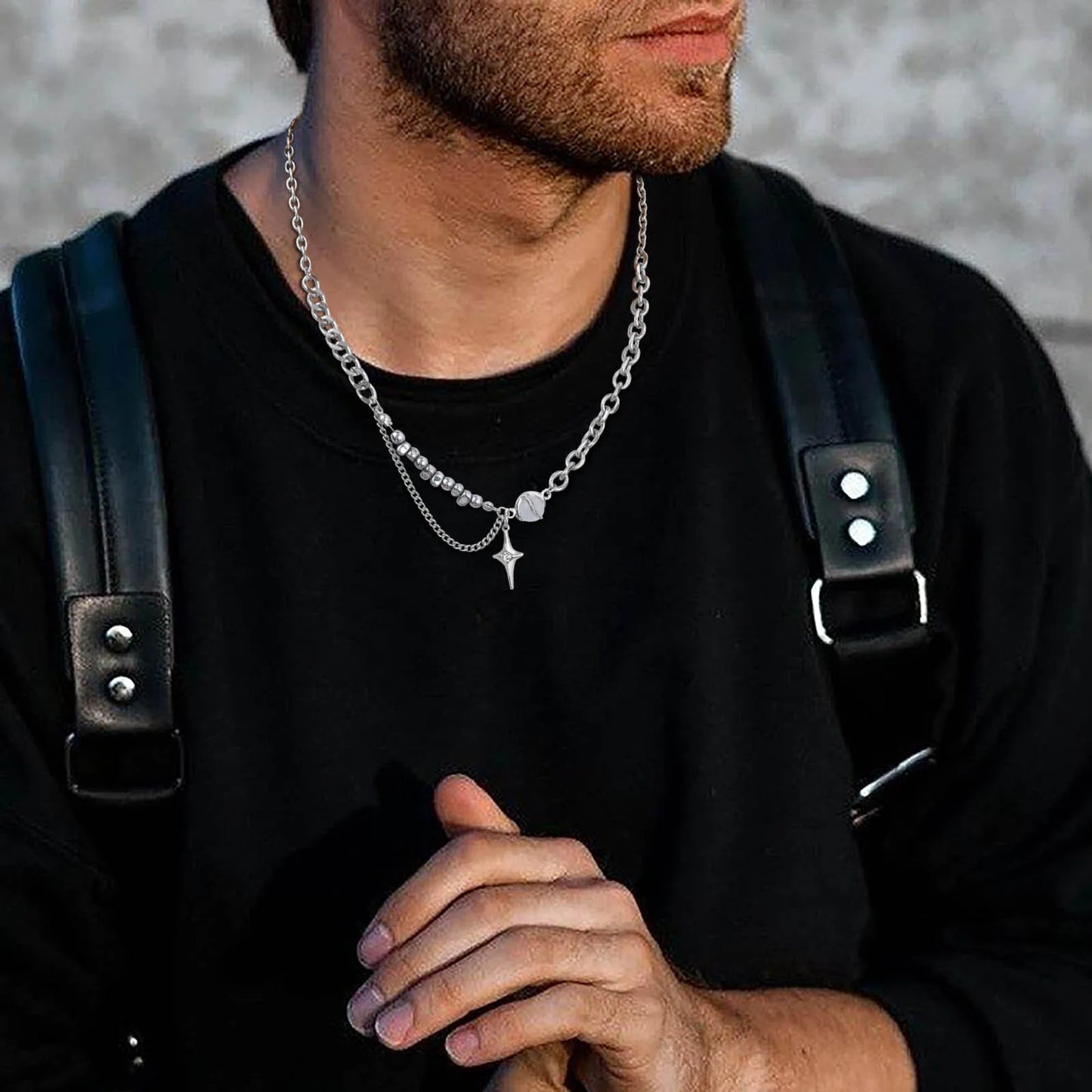 Vnox Unisex Moonstone Cross Necklaces, Four Pointed Star Pendant Necklaces, Men Women Stainless Steel Hip Hop Collar
