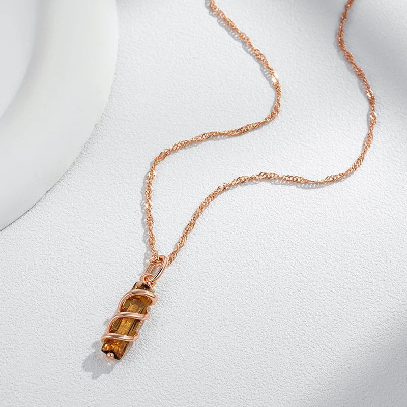 Kinel Fashion Light Brown Natural Zircon Pendant Necklace for Women Simple Square 585 Rose Gold Color High Quality Daily Jewelry