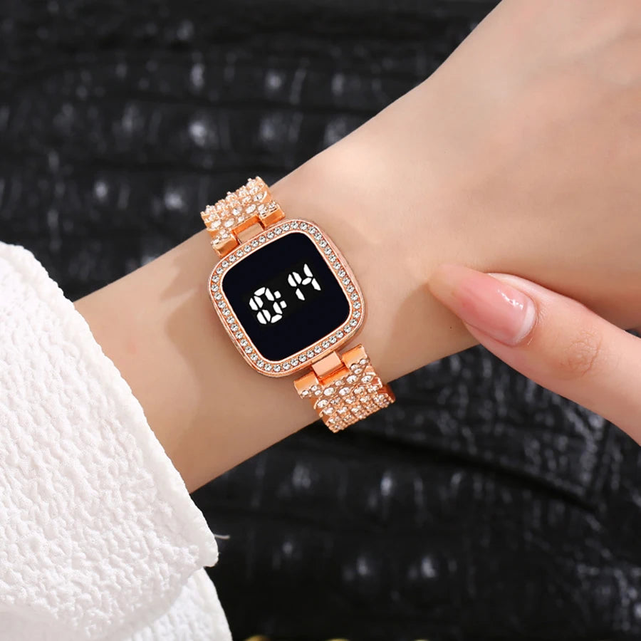 2PCS Watch Set Fashion Alloy Women's Shiny Square Rhinestones LED Digital Touch Watch 27576569047